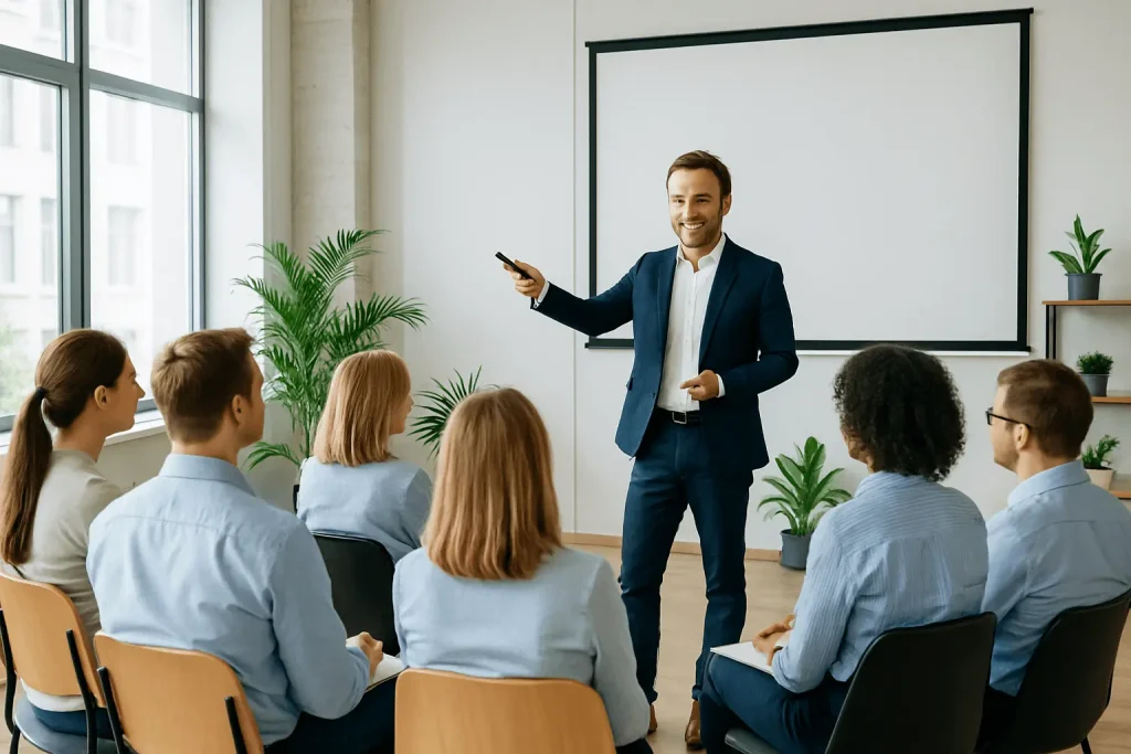 Dozent hält Seminar vor Mitarbeitenden im Betrieb