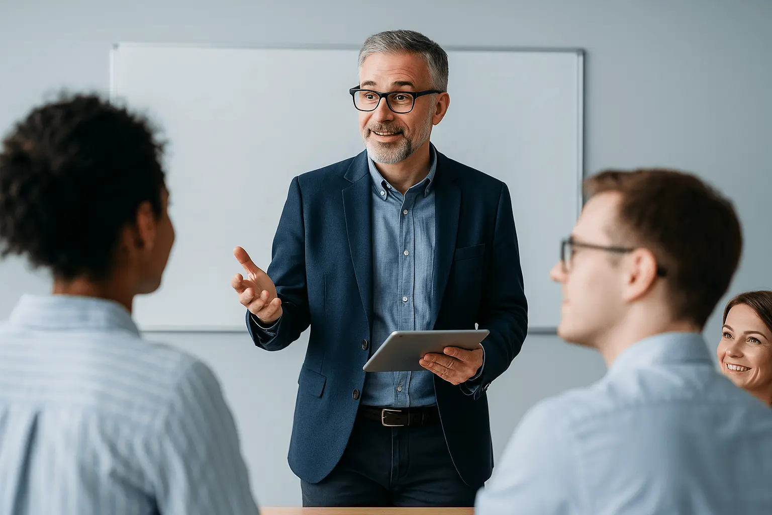 Dozent erklärt Inhalte im Seminar an der Meisterschule
